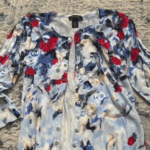 White House Black Market Red and Blue Floral Cardigan